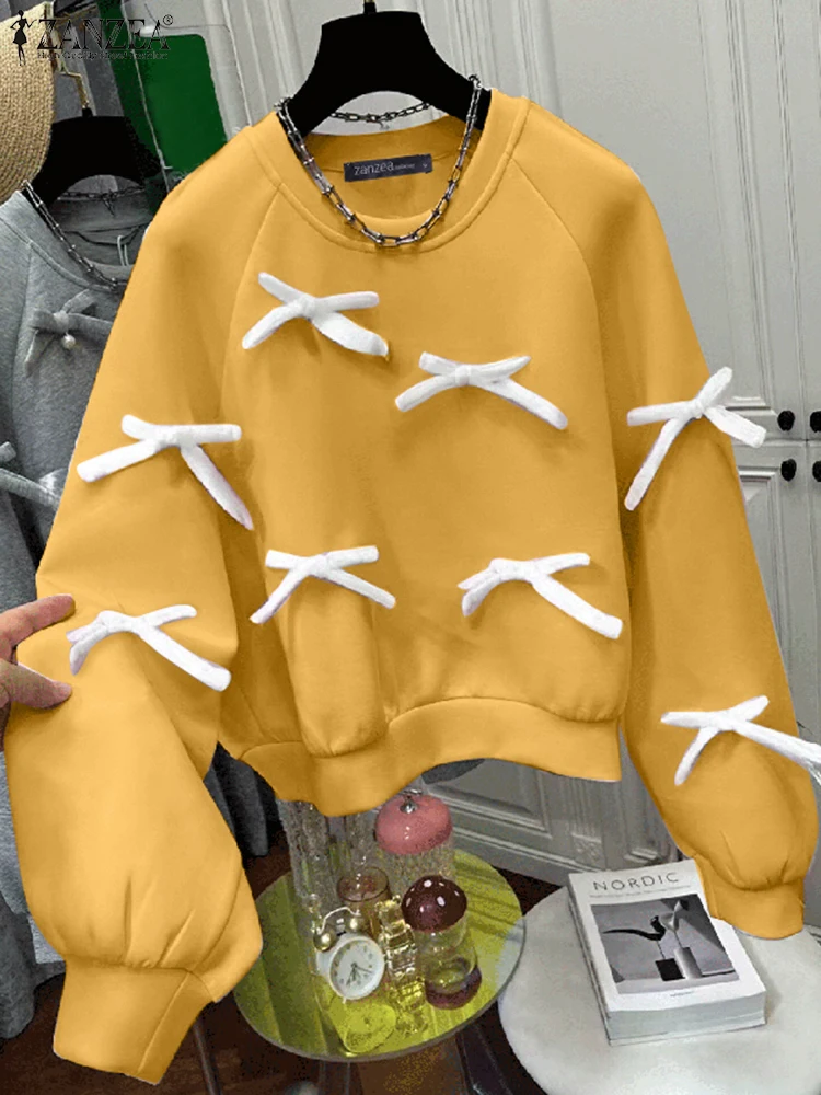 ZANZEA Casual Pullover Sweety Bowtie Stitching Sweatshirts Fashion Korean Long Sleeve Hoodies Holiday Autumn Drop-shoulder Tops