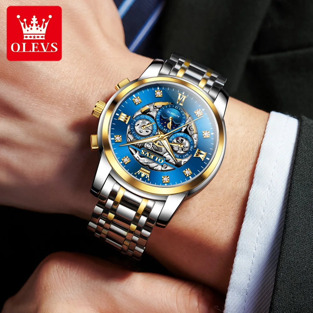 OLEVS 6721 ساعة رجالية فاخرة أصلية ساعة ميكانيكية أوتوماتيكية مقاومة للماء مضيئة مرحلة القمر ساعة مجوفة للرجال ساعة أصلية