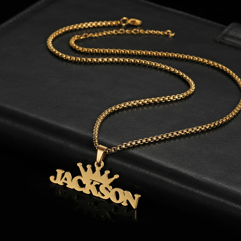 Kcaco Customized Name with Big Crown Pendant Necklace Stainless Steel Personalized Hiphop Thick Chain Nameplate Choker for Men