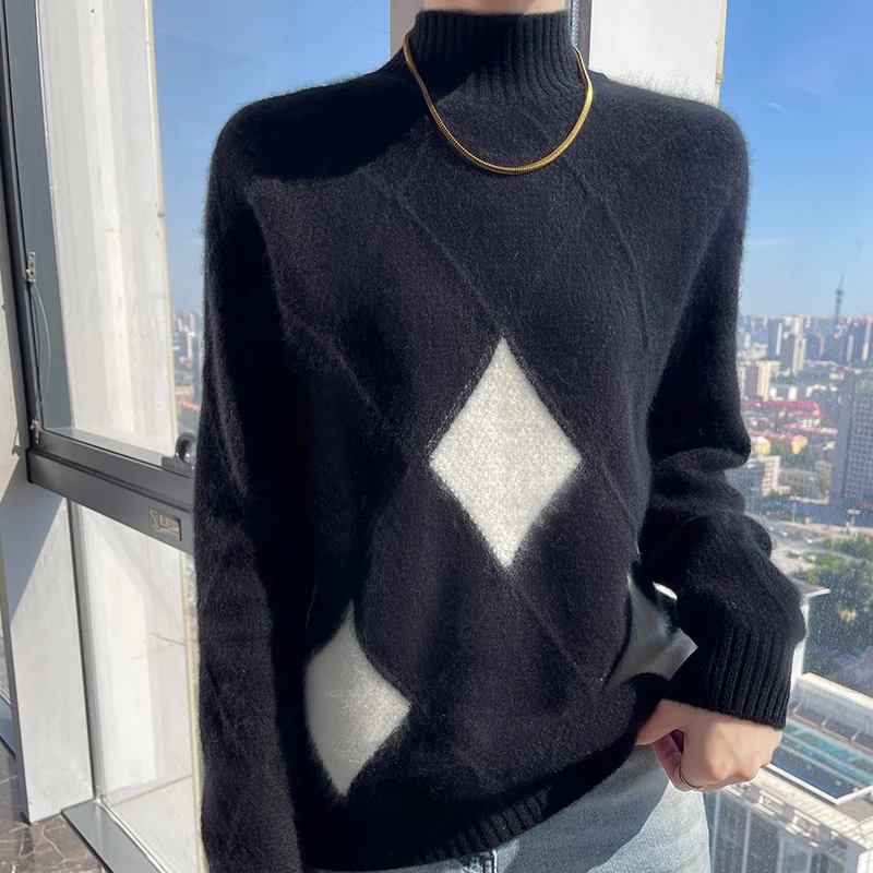 Winter new women\'s sweater 100% pure sweater thick turtleneck pullover color matching diamond cashmere sweater top.