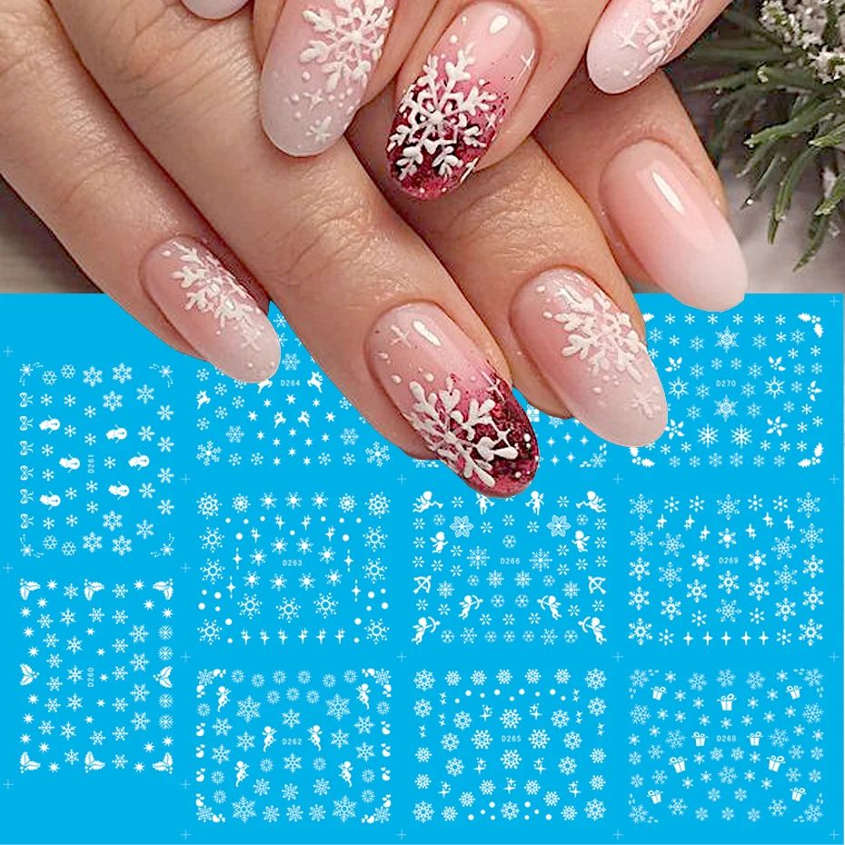 11pcs Christmas Nail Stickers White Snowflake Elk Bell Gift Water Sliders DIY Winter Xmas Manicure Decals Decoration NLD260-270