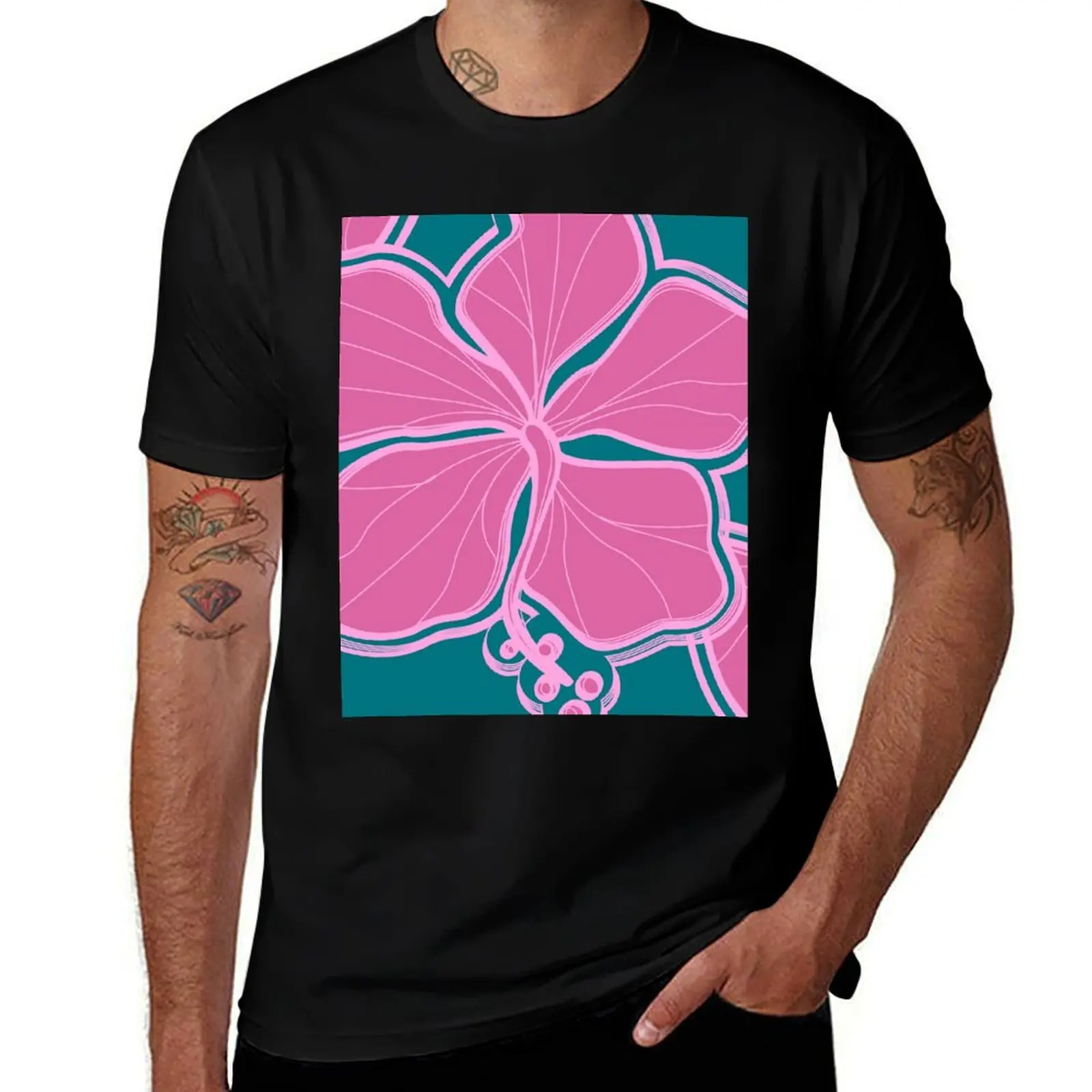 Camiseta Kailua Hibiscus con diseño floral hawaiano, color rosa y verde azulado, camiseta para hombre, camiseta gráfica para hombre, camiseta de lujo