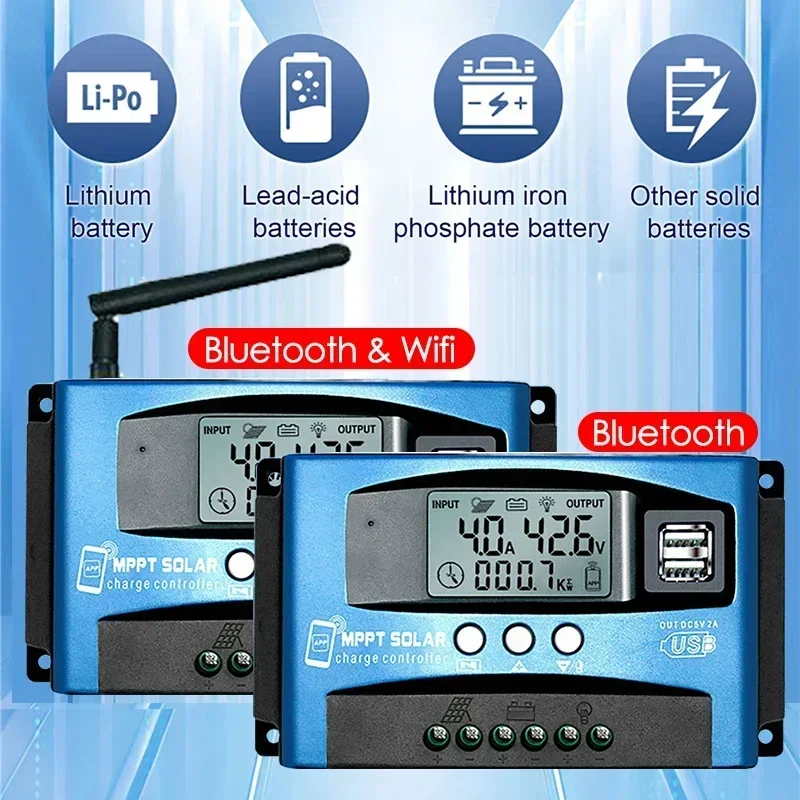 

30-100A MPPT Solar Charge Controller Dual USB APP Bluetooth Solar Controller 12-24V 12-60V Solar Cell Panel Charger Regulator