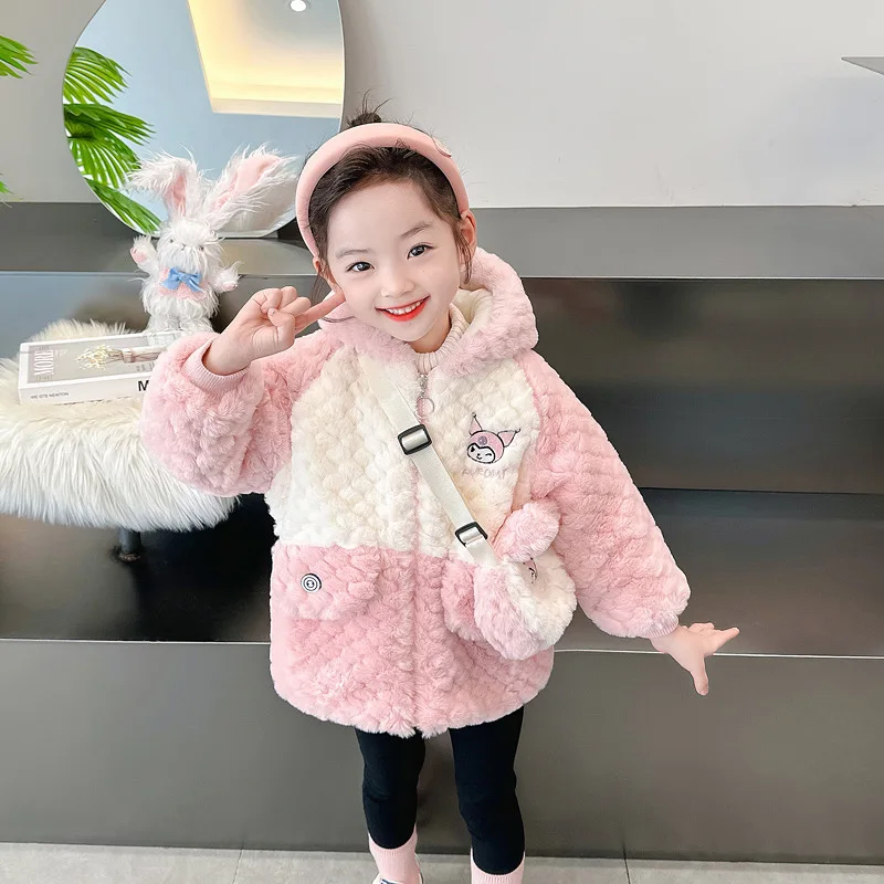 Kuromi Sanrios Cotton Clothes Girl Plus Velvet Coat Autumn Winter Kawaii New Child Clothing Keep Warm Hooded Woolen Sweater