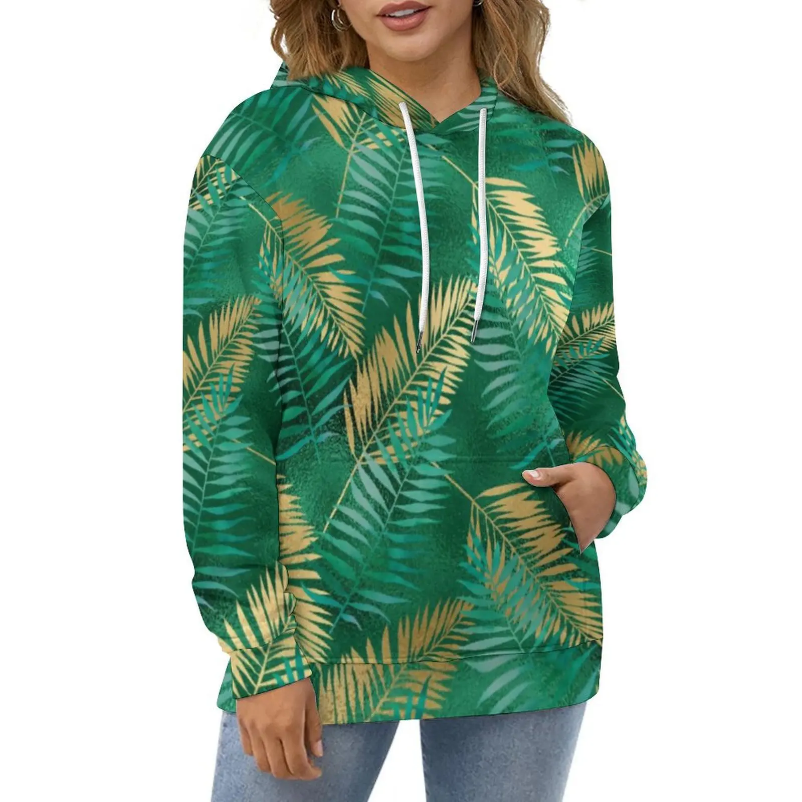 

Tropical Palm Hoodies Long-Sleeve Green Leaves Print Funny Casual Hoodie Winter Street Wear Oversized Loose Hooded Sweatshirts