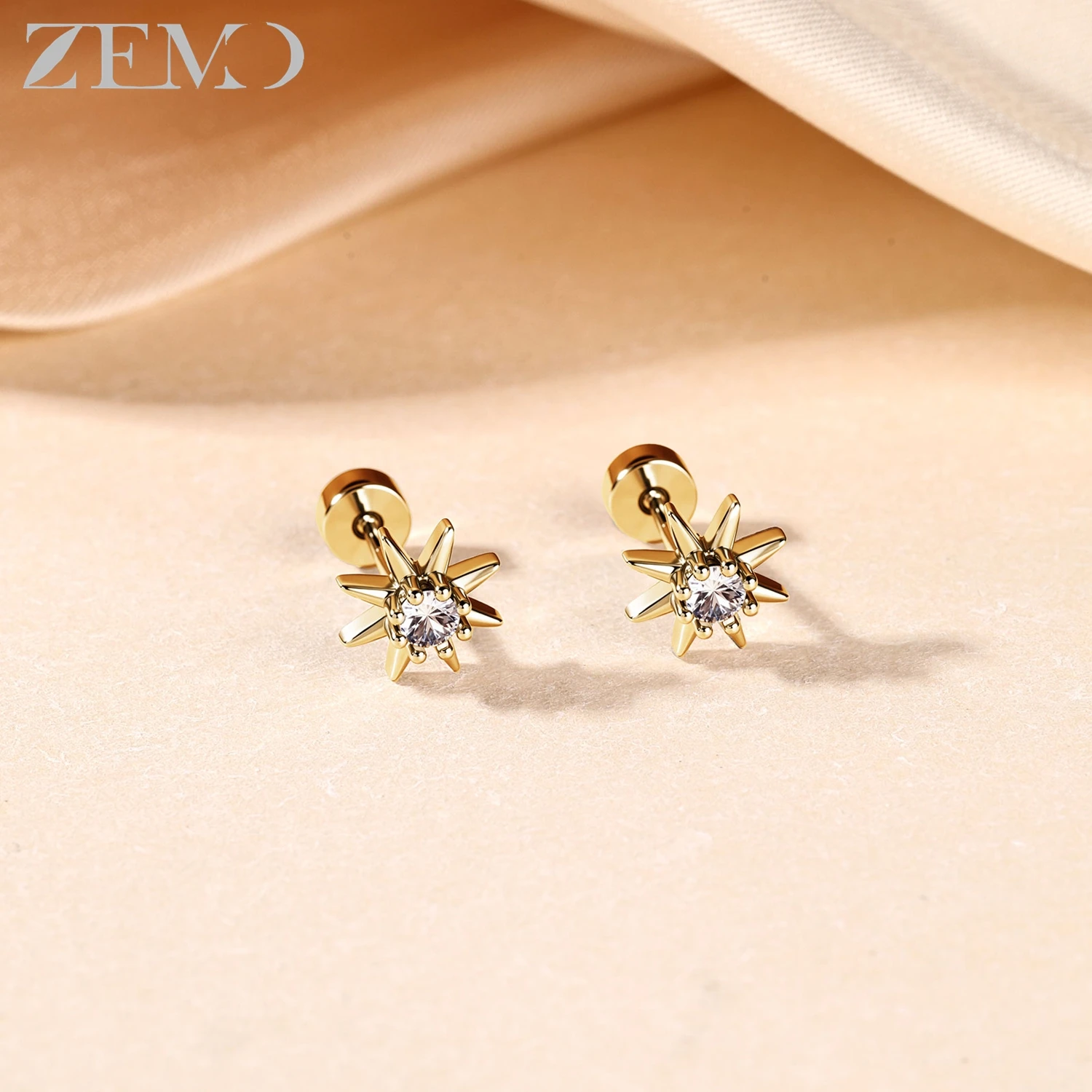 ZEMO 1 Pair Trendy Stainless Steel Stud Earrings Women Girls Zircon Ear Studs Sun Star Helix Conch Tragus Piercings Jewelry 20G