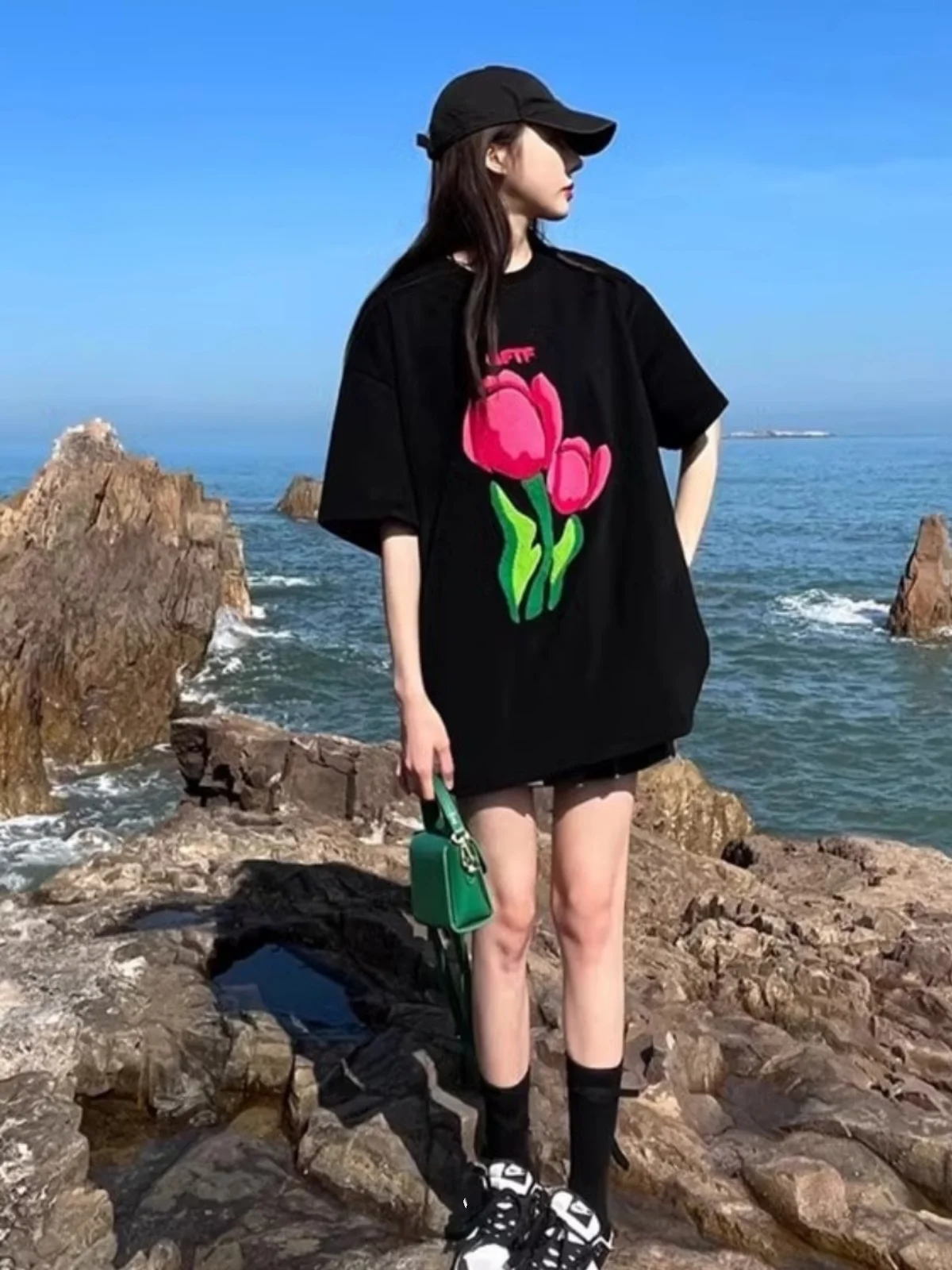 

Bla Pure Cotton ort Sve T-irt Women's Loose Fit Summer New Sle Floral Print f Sve Top Korean Sle round Ne