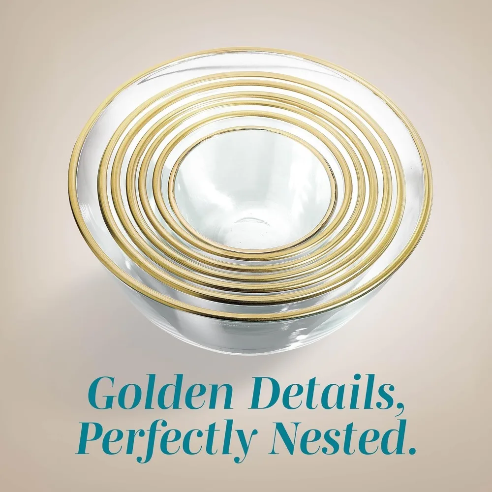 

12-Piece Glass Mixing Bowl Set with Lids - Borosilicate Nesting Bowls for Cooking Baking Meal Prep Gold Rim Kitchen Essential