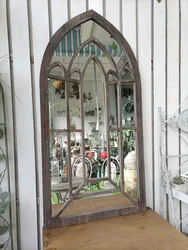 Cathedral Style Decorative Mirror, Fake Window, Vintage Wooden Frame, 18x28 Inches