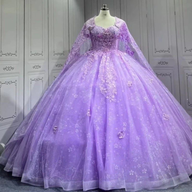 

Lilac Shiny Quinceanera Dresses Off The Shoulder Applique Flower Beading Crystal With Cape Party Birthday Sweet 16 Dress Vestido