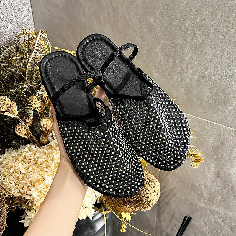 Nude Color Fishnet Mule Slides donna Luxury strass Mesh sandali piatti Ladies Summer Casual Net Shoes Plus Size