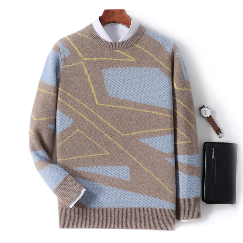 Autumn And Winter New 100% Wool Men's Round Neck Color Matching Knit Bottoming Shirt Business Casual Loose Cashmere Sweater