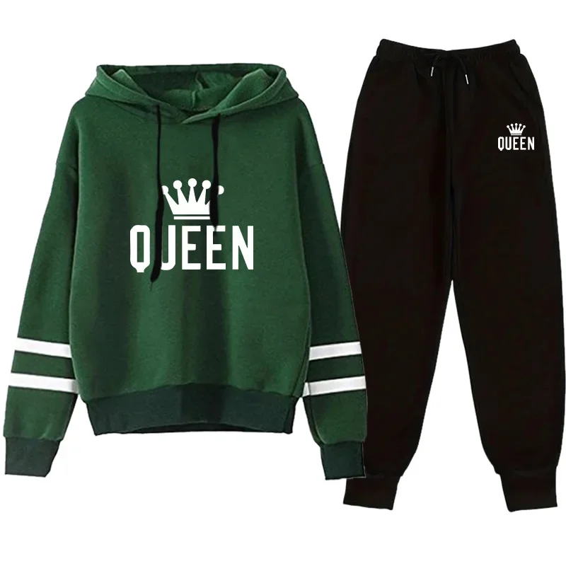 Queen Print Hoodie Sweatpants Womens Tracksuit 2 Piece Set Fall Winter Female Home Outdoor Comfort Warm Outfit Casual Sportswear