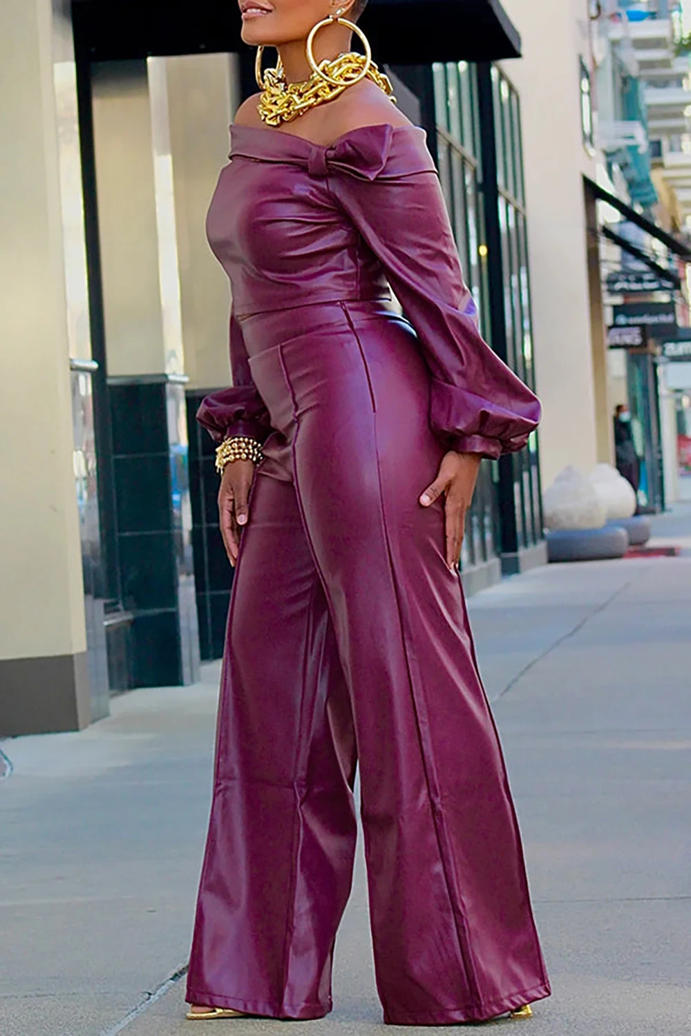 Plus Size Semi Formal Women Two Piece Pant Set Burgundy Faux PU Leather Off The Shoulder Lantern Sleeve High Street Matching Set