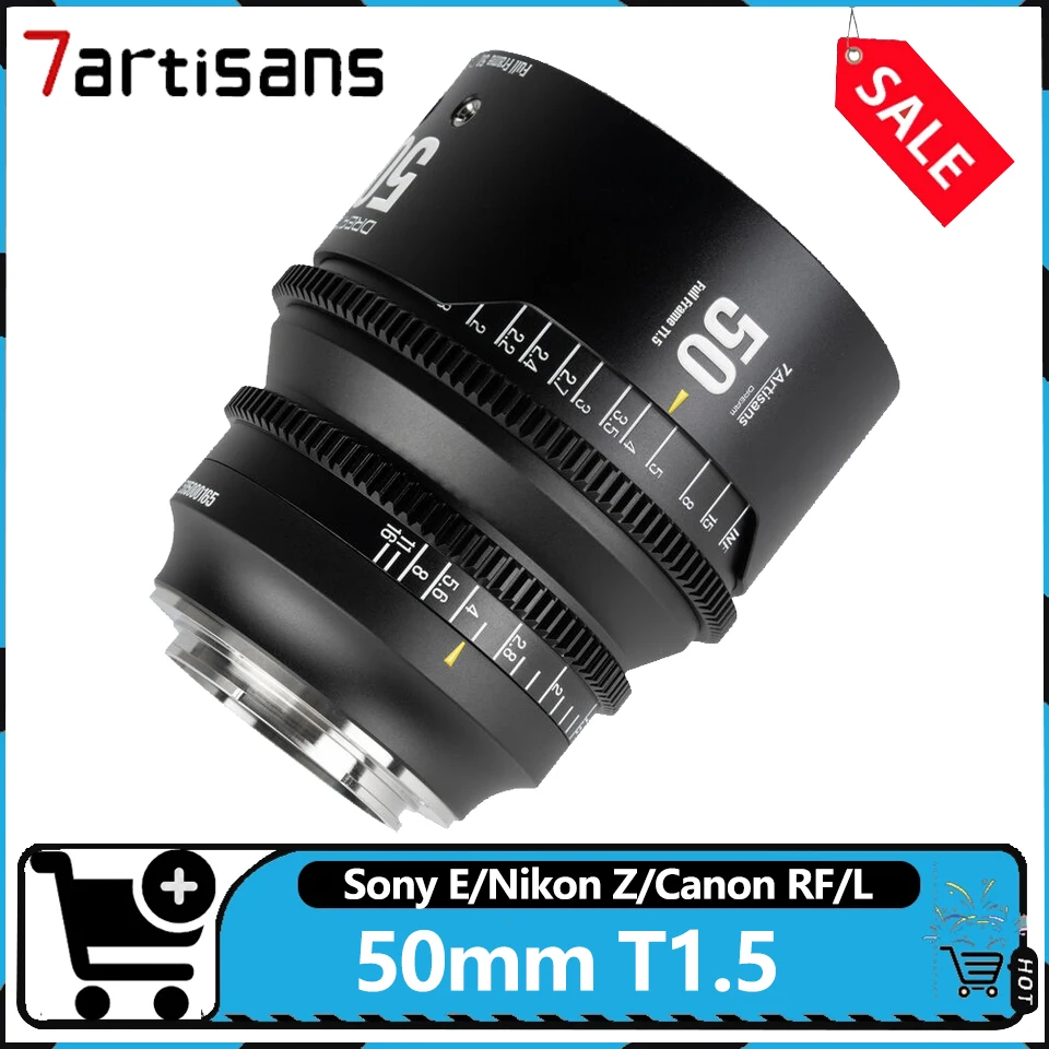 7artisans MF 50mm T1.5 cine-objectief met vaste focus, geschikt voor full-frame-camera's, voor Sony A7M3, Nikon ZFC, Canon R50 en Leica SL1.