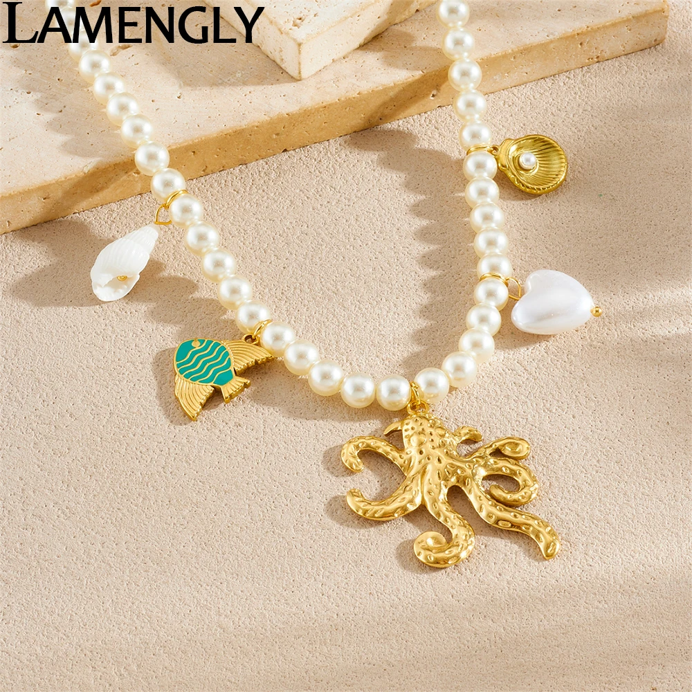

LAMENGLY 316L Stainless Steel Pearl Chain Exaggerated Starfish Fish Shell Pendant Necklace Women Novel Chic Neck Chain Jewelry