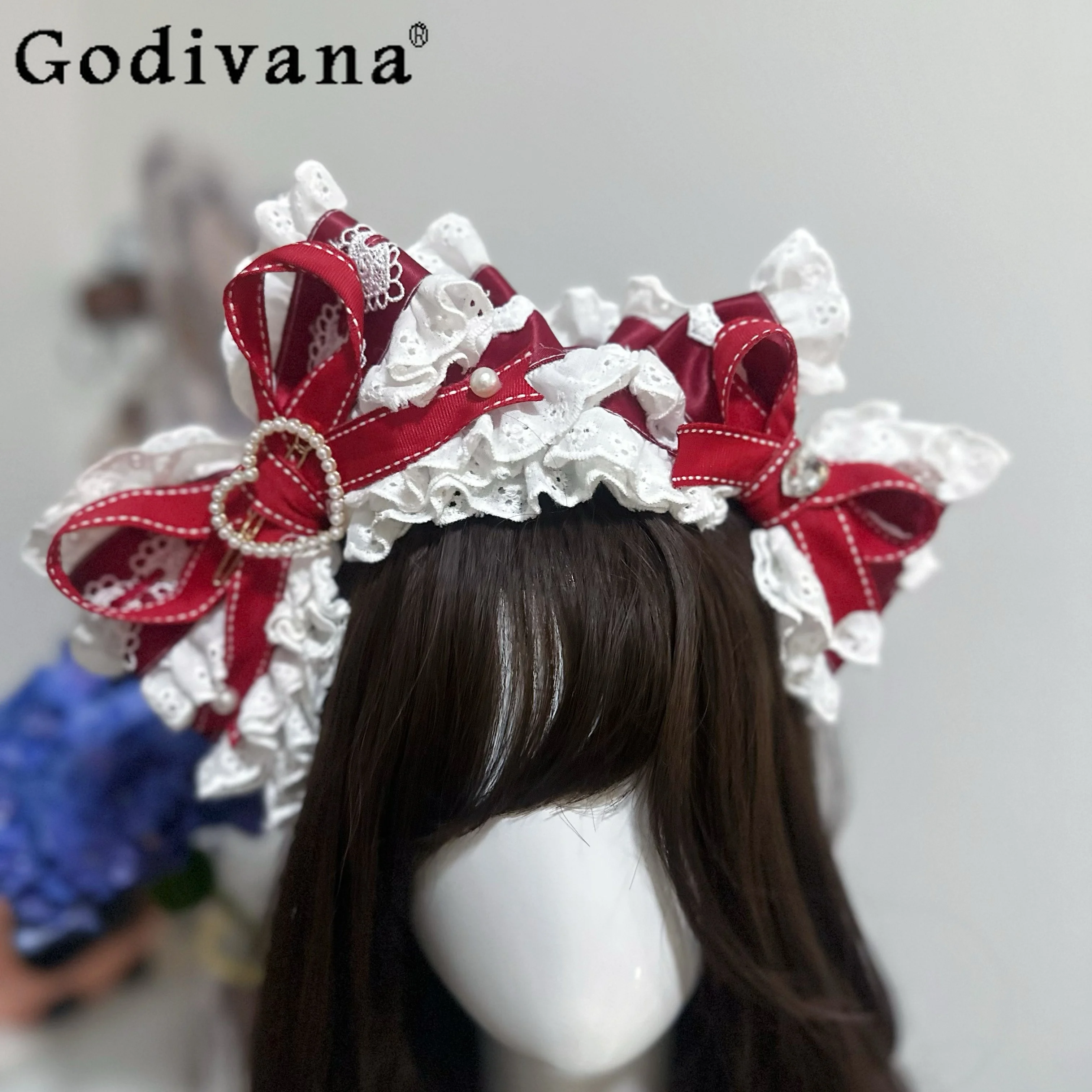 

Original Vintage Doll Style Red and White KC Lolita Headband Cute Strawberry Heart Hair Accessory Wine Hair Ornament for Women