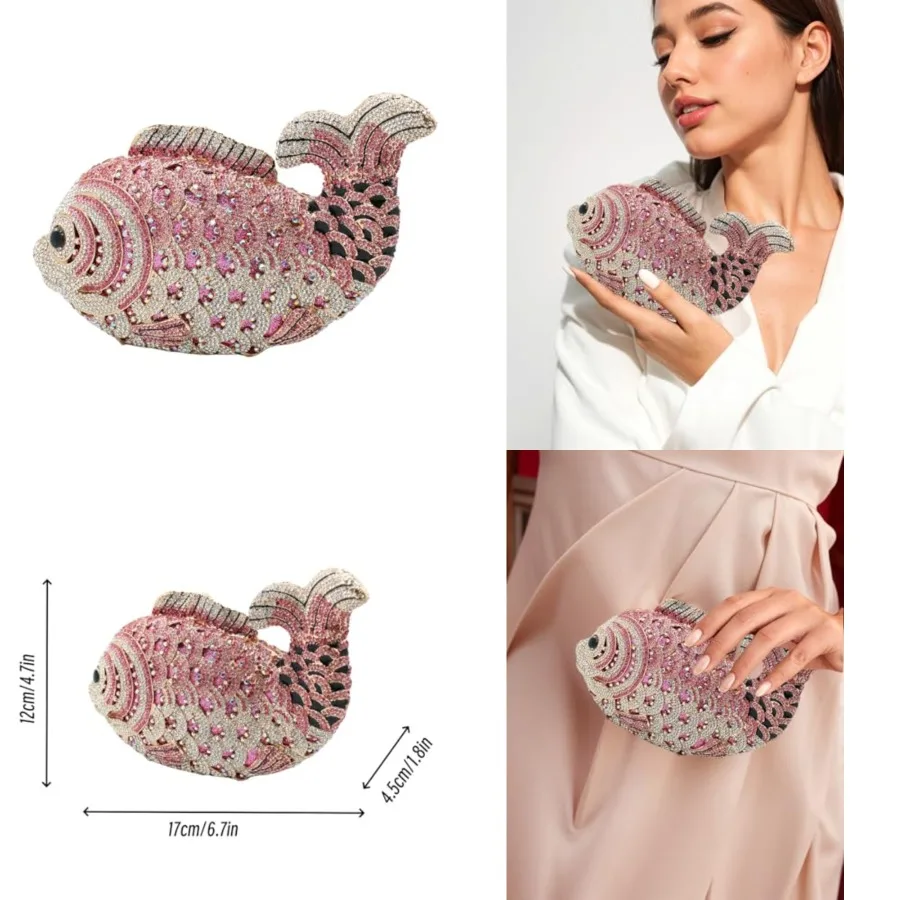 

Women Mini Fish Clutch Luxury Rhinestones Purse Sparkling Banquet Handbag Wedding Party Clutch Bag