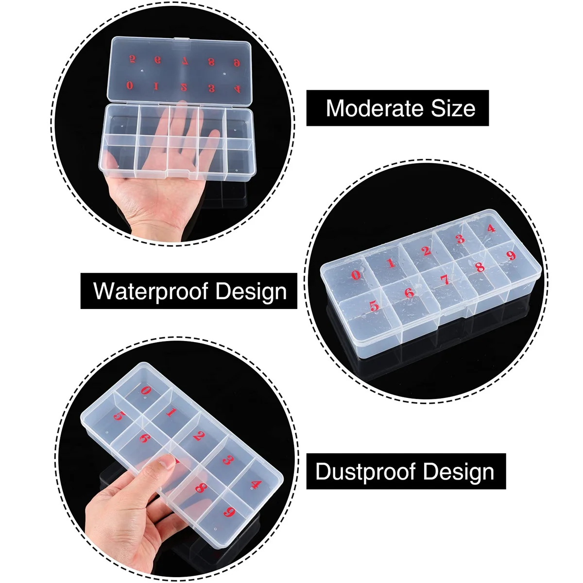 3Pcs False Nail Tips Transparent Storage Box with 10 Number Empty Spaces Storage Case Container Nail Art Organizer Box