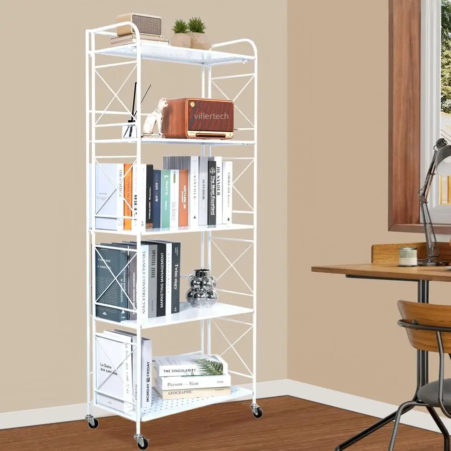 5Tier Metal Shelf with Wheels Folding Bookshelf Unit for Living Room, Kitchen, Study 12.6 D x 23.6 W x 57.0 H, Glossy White