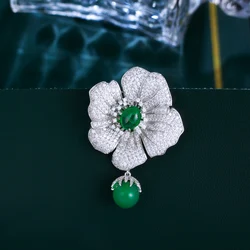 CWWZircons Super Luxury Cubic Zirconia Dangle Drop Green Bead Big Leaf Flower Brooches for Women Festive Party Jewelry BH023