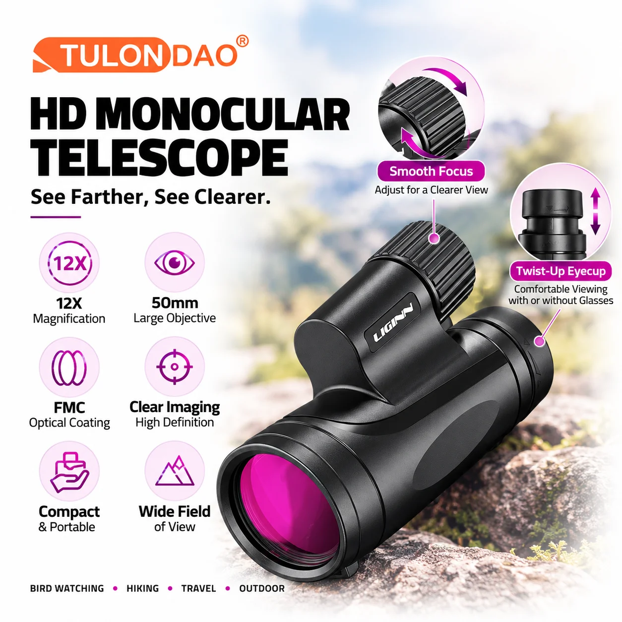 12x50 High Power Monocular Telescope with Phone Adapter, BAK4 Prism FMC Lens, IPX7 Waterproof for Hiking Hunting Travel