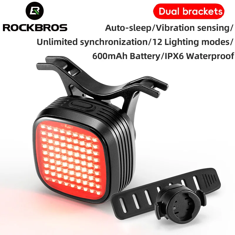 ROCKBROS Smart Bicycle Tail Light Brake Sensing Sync Saddle Light IPX6 Rechargeable Dual Bracket Rear Lamp Bike Accessories