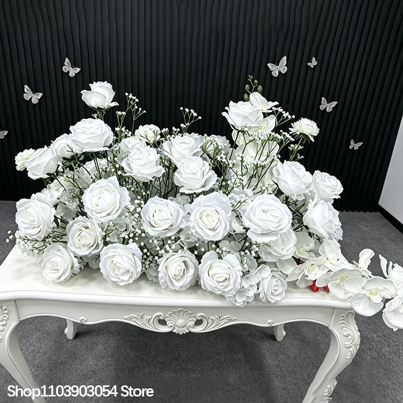 Weiße künstliche Blumen, Rosen, Hortensien, Hochzeitsdekoration, Bodenblumenreihe, Tischdekoration, Blumenball, Blumenarrangement – Detail 3