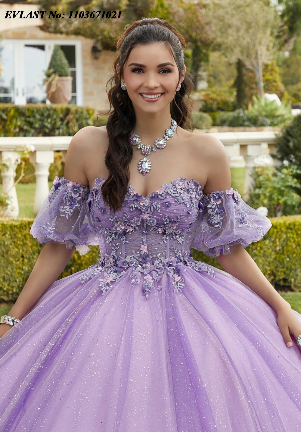 EVLAST المكسيكي عنابي Quinceanera فستان الكرة ثوب ثلاثية الأبعاد الأزهار زين الديكور منتفخ كم مشد Vestidos De XV Anos SQ301