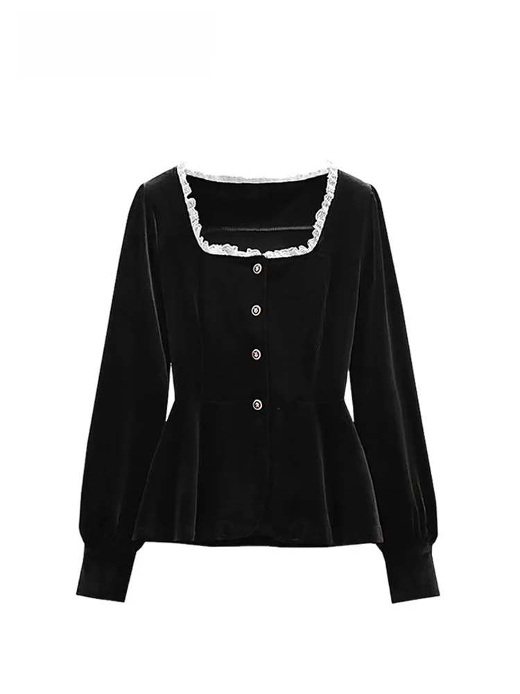 

plus Size Women's Long Sve irt Square Collar Autumn Faion Velvet Button up Top French Sle Slim Fit Big Sister irt