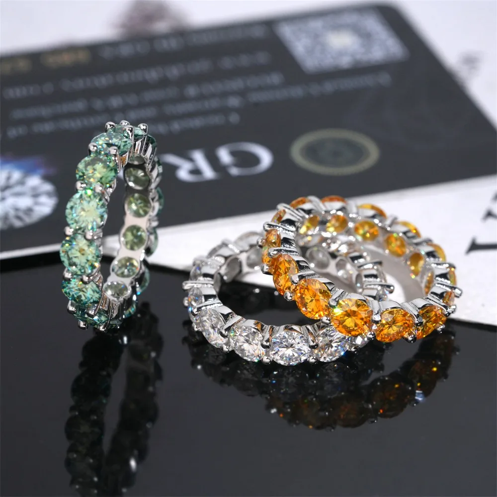 Pierścionek Eternity z Kolorowymi Moissanitami 5mm, Srebro Próby 925, Hiphopowa Biżuteria Męska Damska, Lodowy Pierścionek Ślubny z Diamentami, Przechodzi Test Diamentów