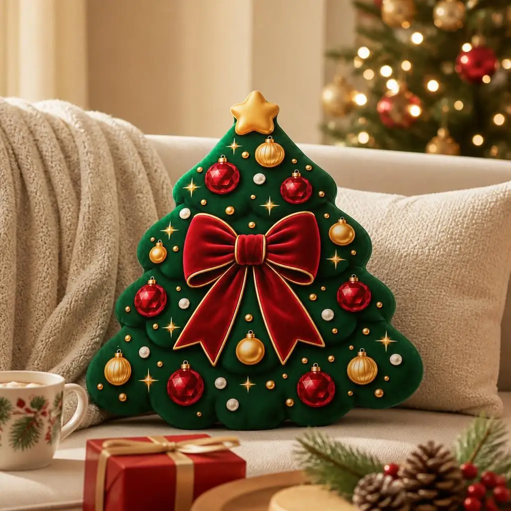 Christmas Tree Shaped Plush Pillow Red Bow Ornament Cushion Stuffed Holiday Throw Pillow for Sofa Home Decor Festive Gift