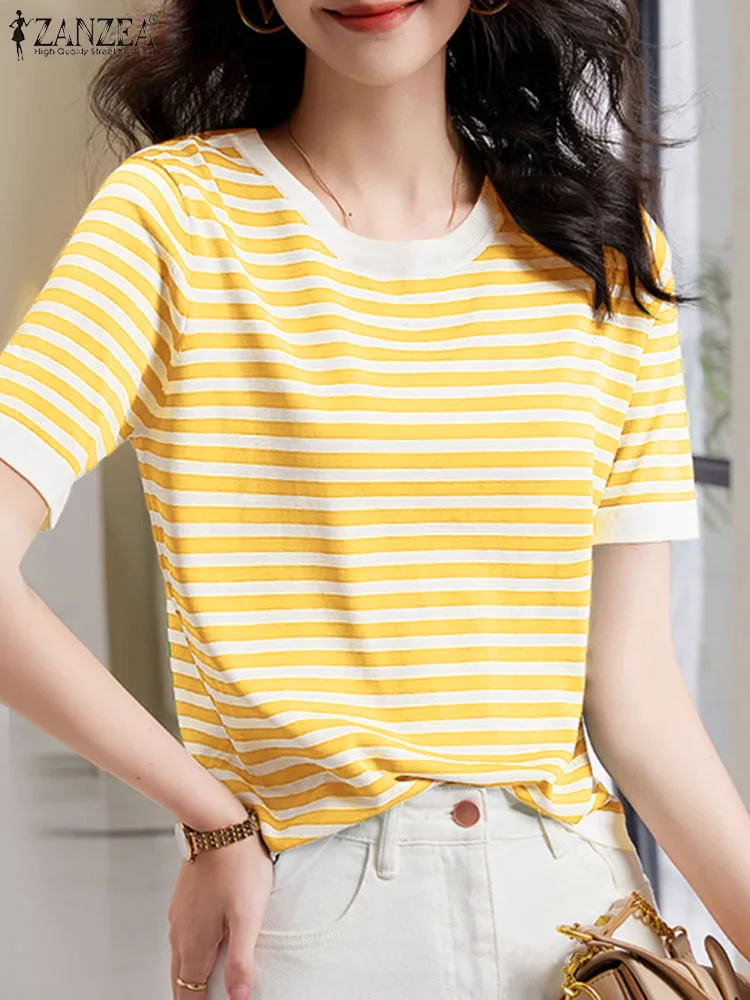 

Fashion Summer Short Sleeve Stripe Tops Tunic Women Blouse 2024 ZANZEA Elegant OL Work Shirt Loose Chemise Female O Neck Blusas