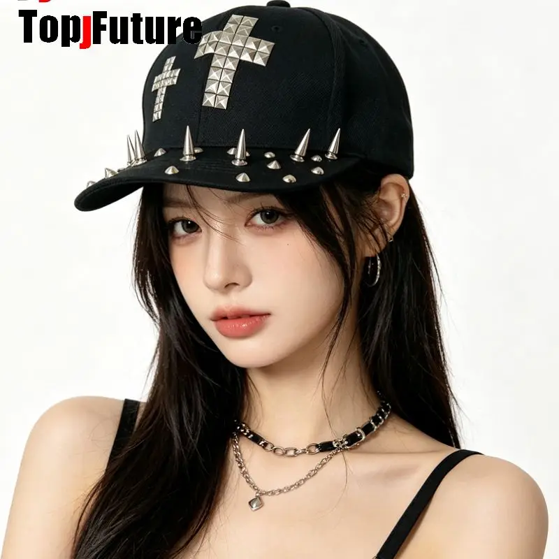 Men Women Unisex Rivets Spike Y2K Girl Streetwear Hip Hop Flat Brim Baseball Cap Avant-garde Cross Decoration Sun Hat Punk Cap