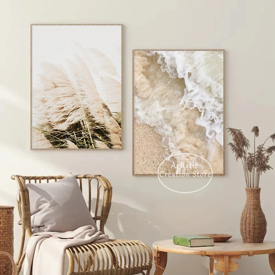 Neutral Boho Beach Coastal Pampas Grass Ocean Waves Photography Poster Canvas Painting Modern Wall Art Pictures Home Decor