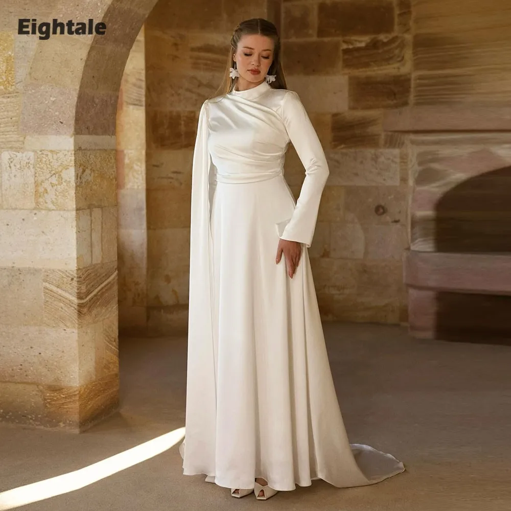 

Eightale арабское свадебное платье с круглым вырезом на заказ цвета слоновой кости атласное свадебное платье с длинными рукавами длиной до пола мусульманское вечернее платье невесты