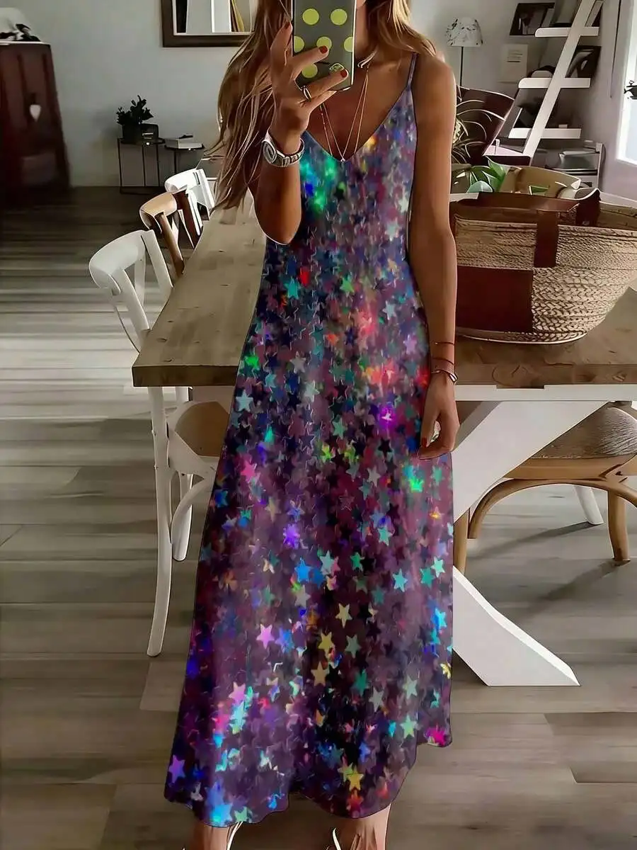 

Colorful Star Print Sleeveless Midi Dress For Women Casual Leisure Wear