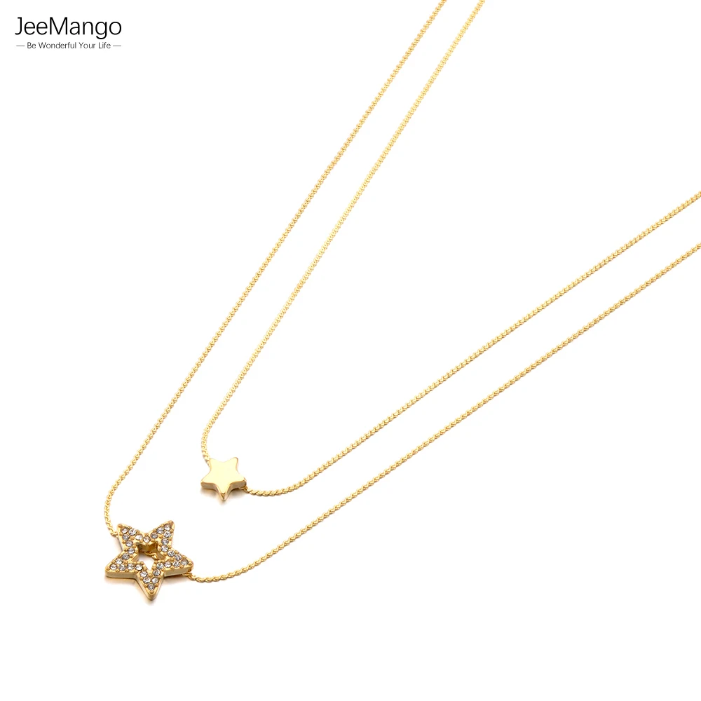 JeeMango Doppellagige Halsketten mit Zirkon-Stern-Anhänger für Damen, Edelstahl, tägliche Halskette, Modeschmuck, N26018