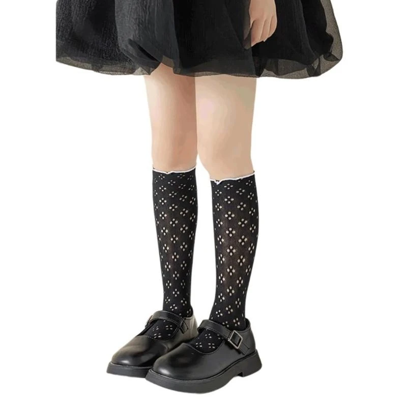 54DF Hollowout Kneehigh Socks for Little Girls Outdoor Socks Breathable Socks for School Kid Ruffle Trim Dress Socks