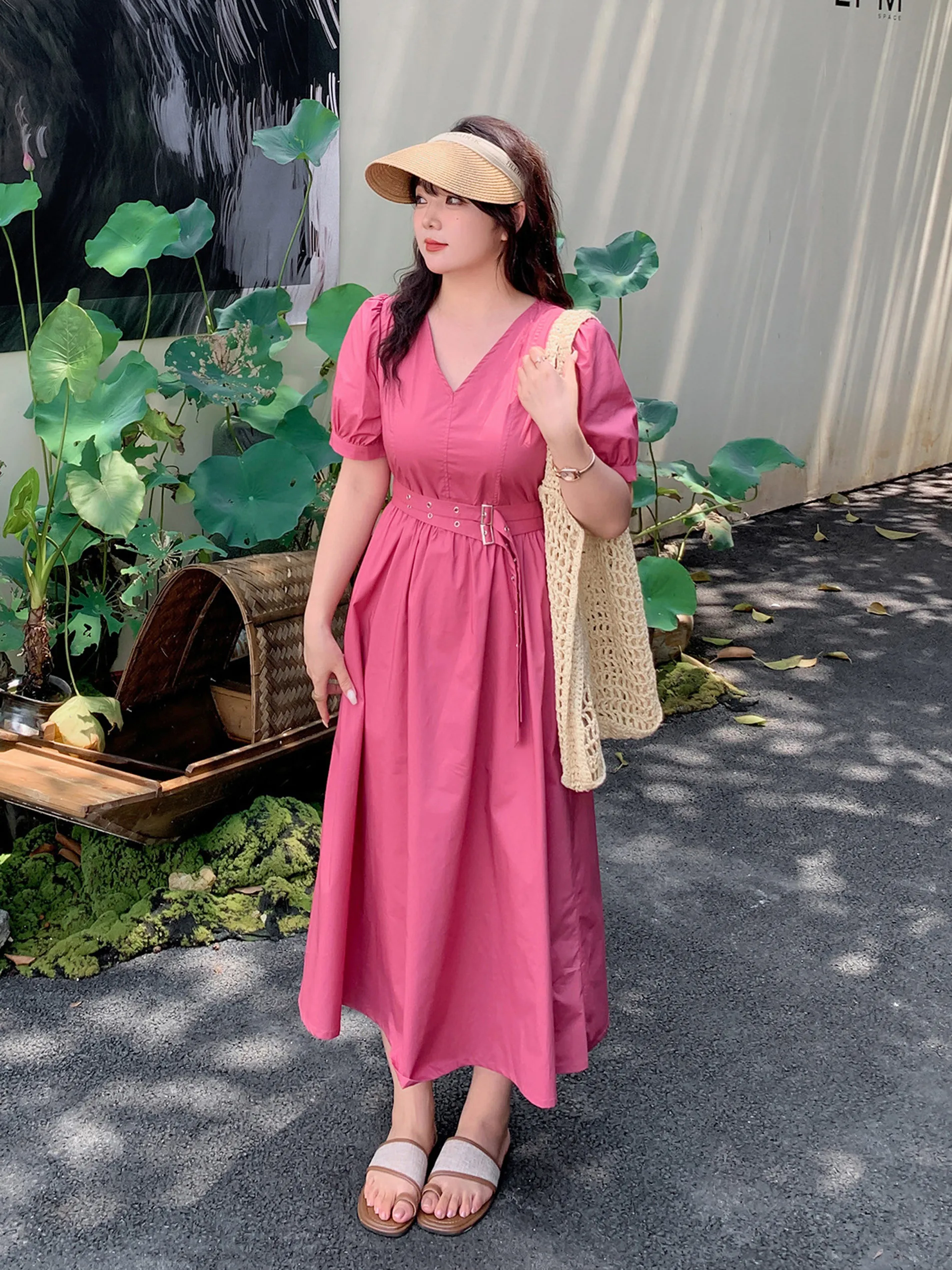 plus Size Summer New Tea Break Dr Waist Cinching Long Skirt for Heavy Women Ele Cotton Blend Bubble Sve V Ne