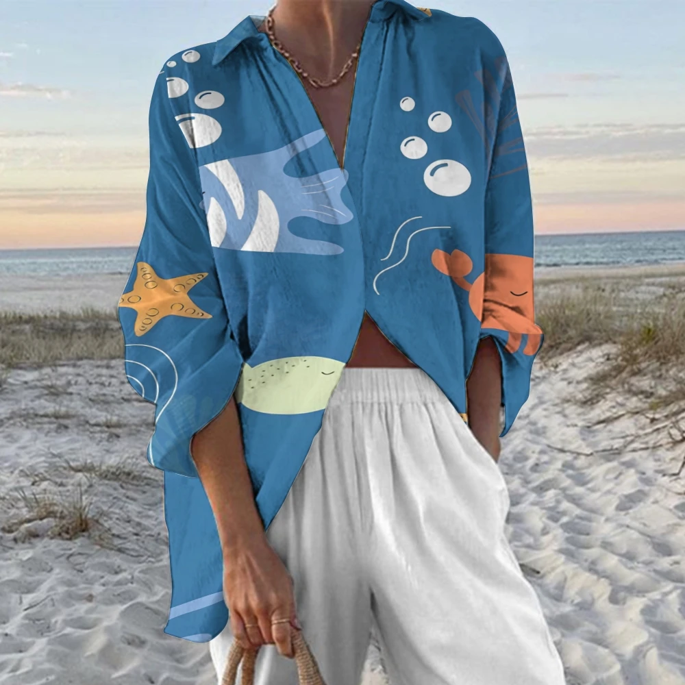 V-Neck Casual High-Quality Women's Trousers Set Cartoon Ocean Printing Beach Lapel Loose 2-Piece Set Summer