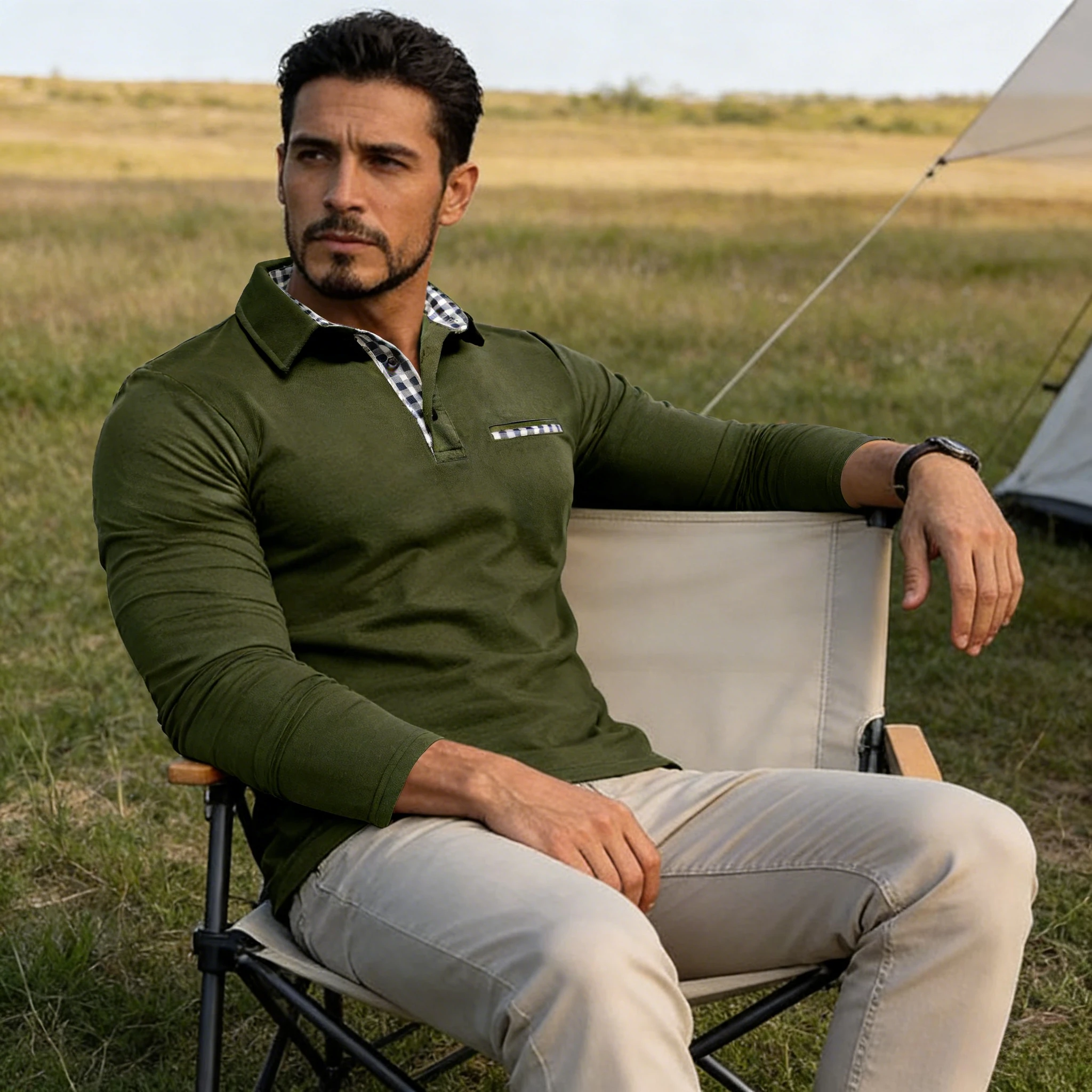 

New Men's Casual Long Sleeve Shirt Color Block Lapel T-Shirt European American Style