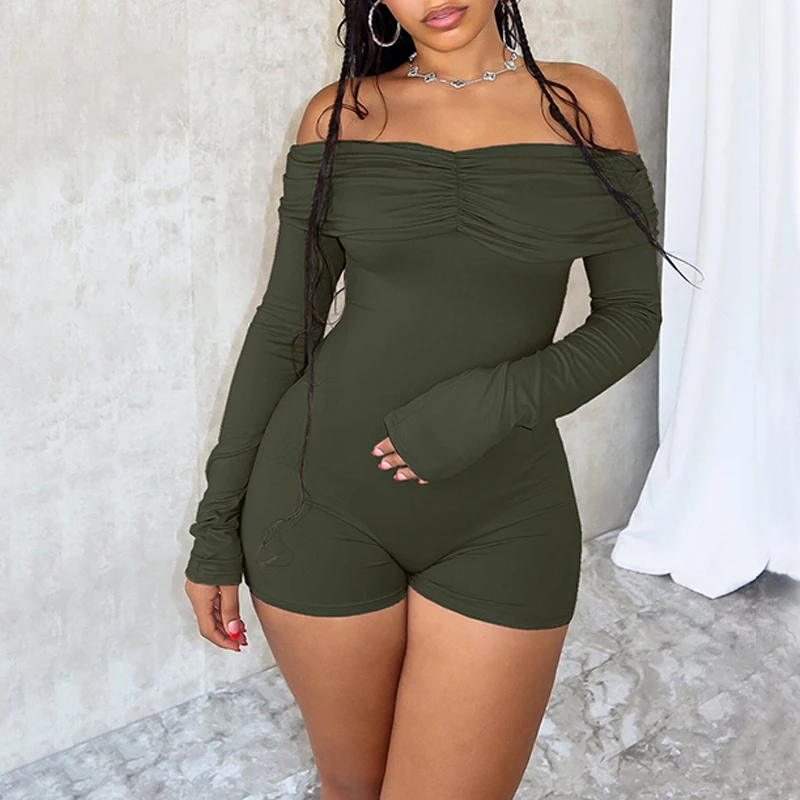 จั๊มสูทขาสั้นผู้หญิง OMSJ คอเฉียง เปิดหลัง เซ็กซี่ สไตล์ลำลอง แขนยาว กระชับรูปร่าง จับจีบ ทรงฮิปสเตอร์ ยืดหยุ่น ใส่เล่นกีฬาได้