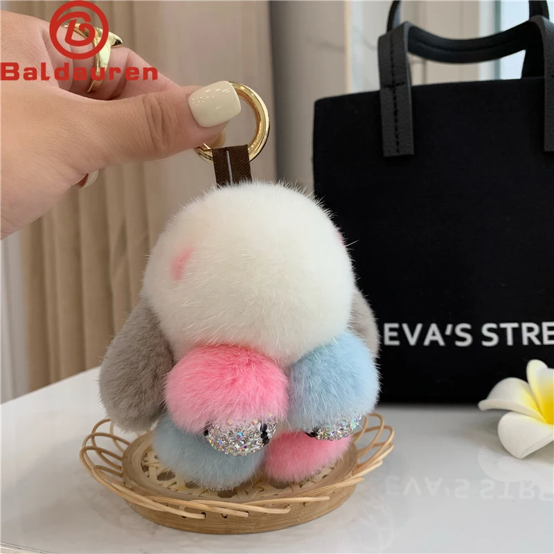 

2024 Real Mink Fur Bunny Fur Pendant Bag Jewelry Key Chain Plush Pendant Trumpet Cute Cute Rabbit Children Animal Cartoon Doll