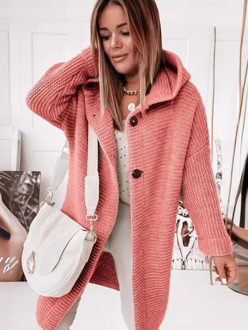 

Женский вязаный кардиган с капюшоном и открытой передней частью, длинное пальто средней длины, два пуговицы, осень-зима, теплое мягкое полиэфирное волокно