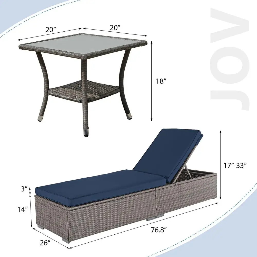 

Chaise Lounge Chairs Set of 2 w Coffee Table, 5 Angle Backrest and Removable Cushions, PE Wicker Rattan Outdoor Lounge Chair Po