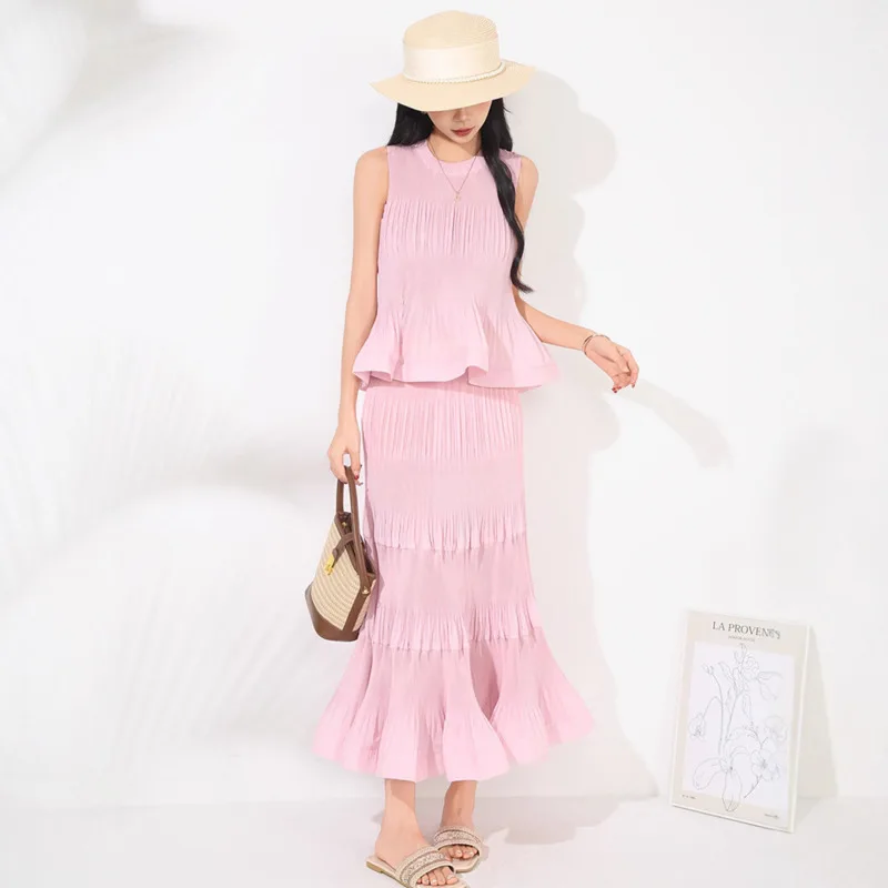 ALSEY Miyake 2025 夏シックな新プリーツファッション女性のセットラウンドネックプリーツベスト + ウエストゴムホルタースカート 2 点セット