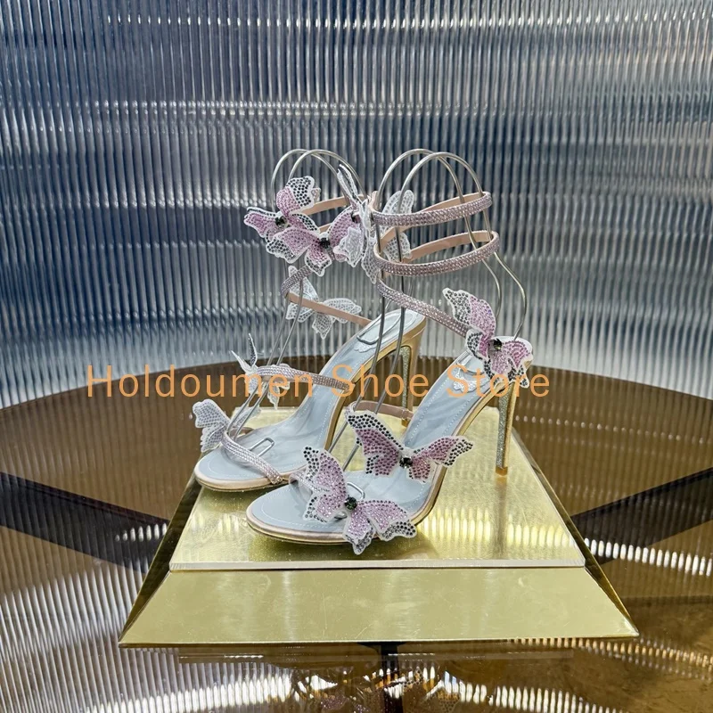 رائعة دليل حجر الراين ثلاثية الأبعاد فراشة ديكور الكاحل الأفعى على شكل التفاف حزام الصنادل الصيف حفلة اللمحة تو خنجر فستان صندل #5