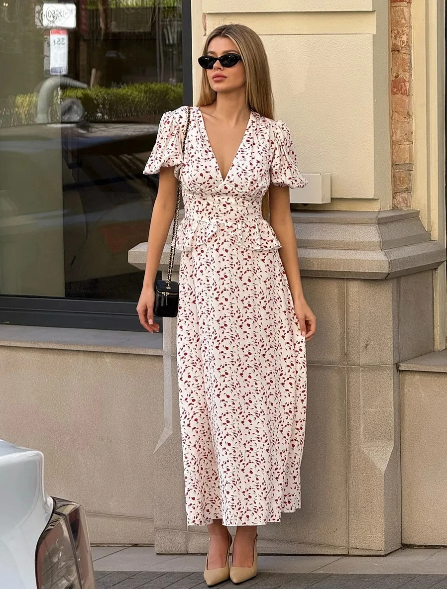 

Новое летнее модное платье с цветочным принтом, женское платье макси с v-образным вырезом и пышными рукавами на талии, длинное платье для отпуска