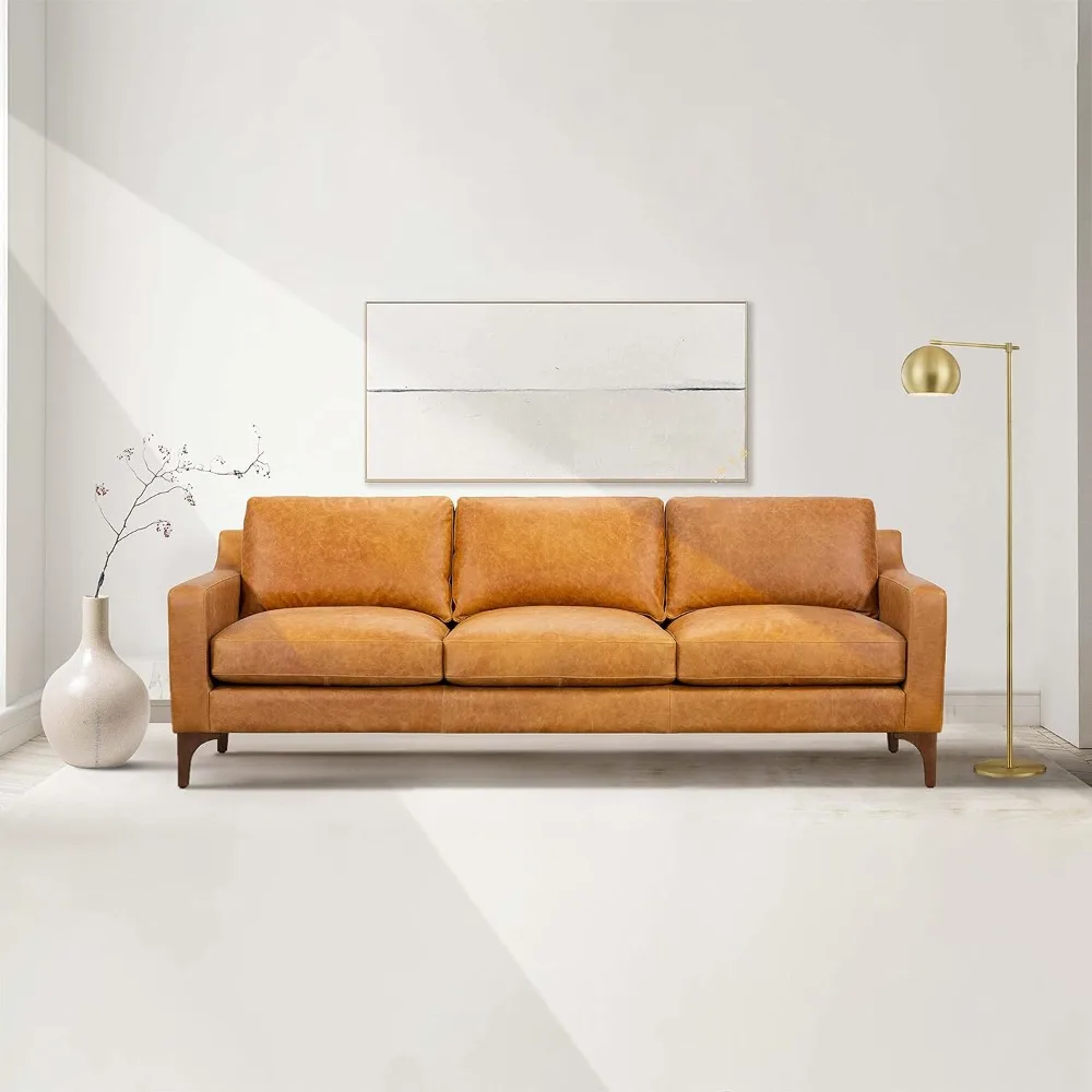 Sorrento Leather Couch – 86-Inch Leather Sofa with Tufted Back - Full Grain Leather Couch with Feather-Down Topper